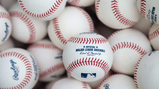 Oct 6, 2023; Atlanta, GA, USA; A detailed view of a Major League Baseball during workouts before the NLDS between the Philadelphia Phillies and Atlanta Braves at Truist Park. B-roll footage